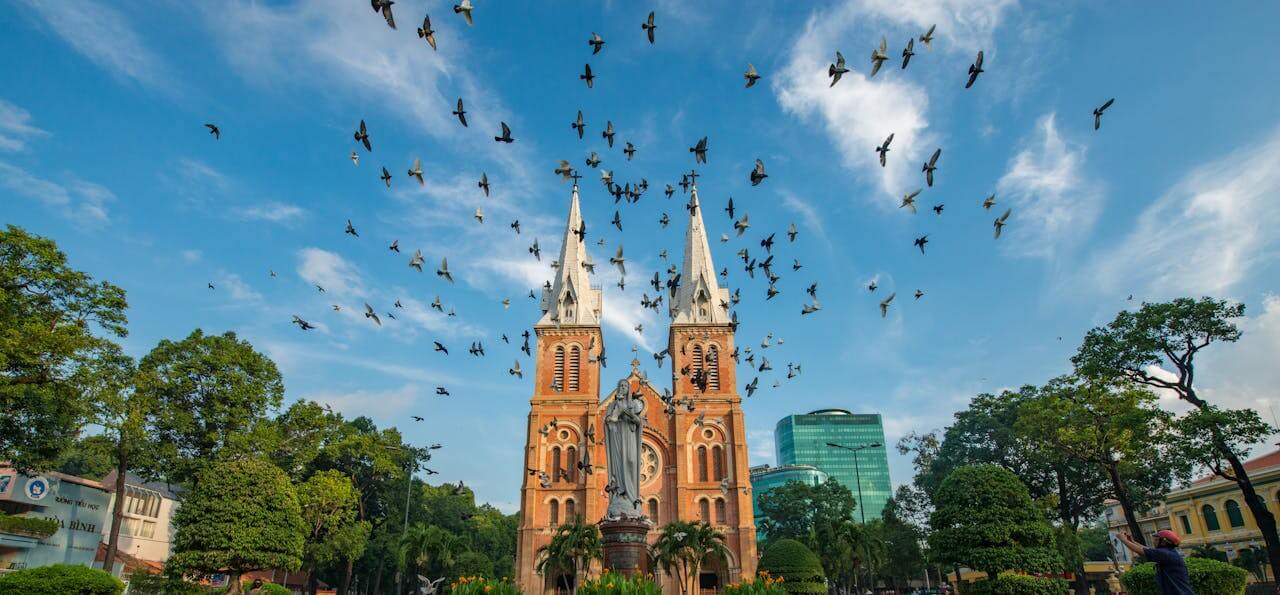 photo of multiple birds flying away from a building