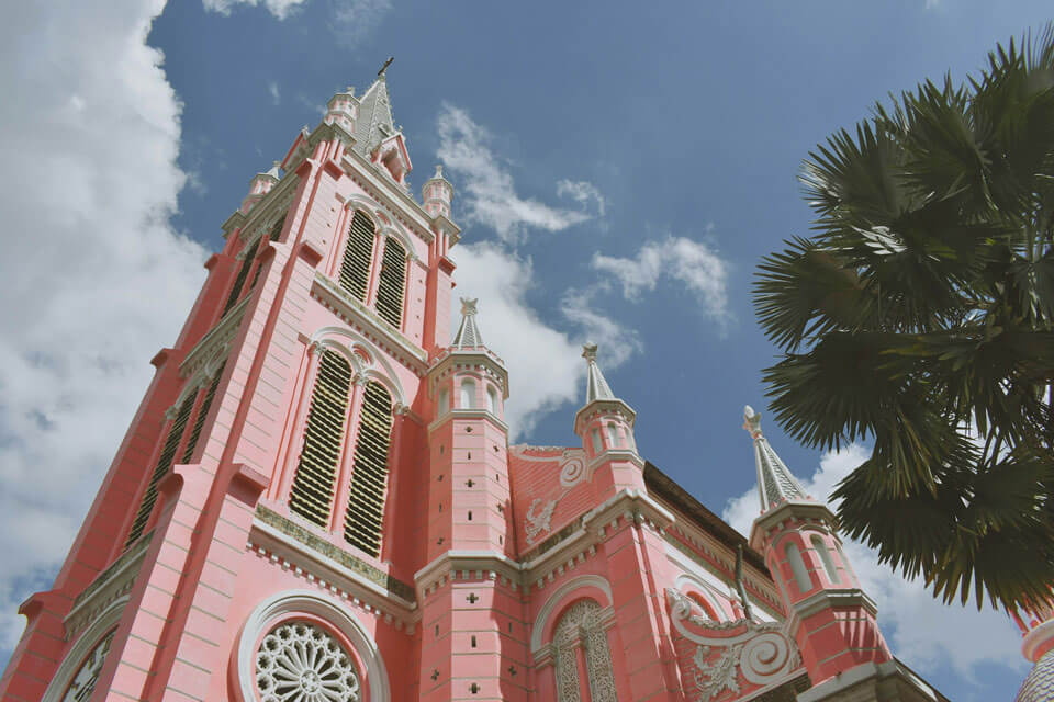 Pink concrete church building in Saigon